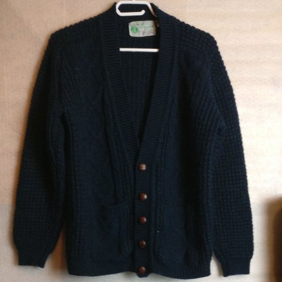 Handloomed in Ireland 100% Wool Chunky Coastal Cardigan Vintage Donegal GREEN - Picture 2 of 11